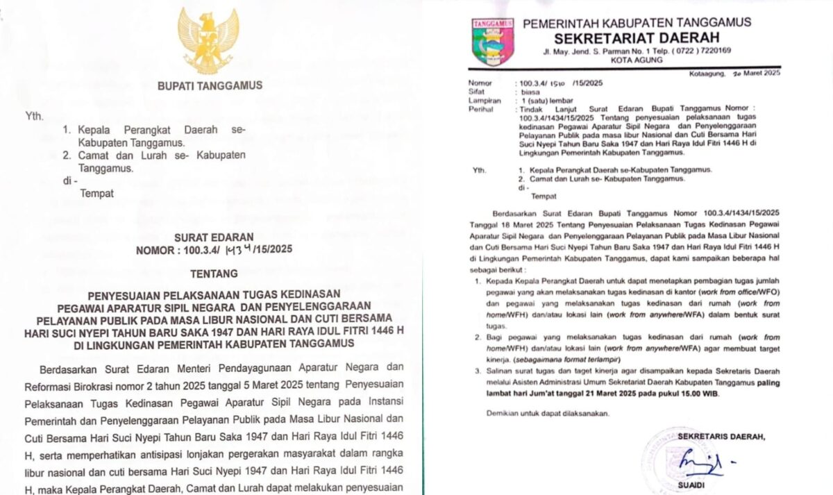 Kolase foto surat edaran WFA Bupati Tanggamus dan  Tindak Lanjut Sekda Tanggamus | Dok. Istimewa.