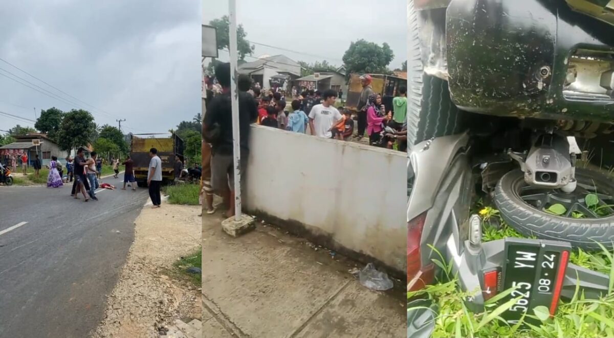 Kolase foto korban terkapar dan masyarakat ramai berada di TKP serta kendaraan korban berada di bawah truk, Kamis 27 Maret 2025 | Tangkapan Layar Video.0