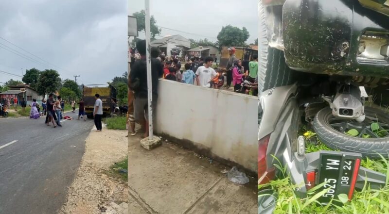 Kolase foto korban terkapar dan masyarakat ramai berada di TKP serta kendaraan korban berada di bawah truk, Kamis 27 Maret 2025 | Tangkapan Layar Video.0