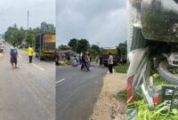 Kolase foto saat kepolisian melakukan identifikasi TKP dan paska kecelakaan dengan kondisi motor dibawah truk | Dok. Istimewa.