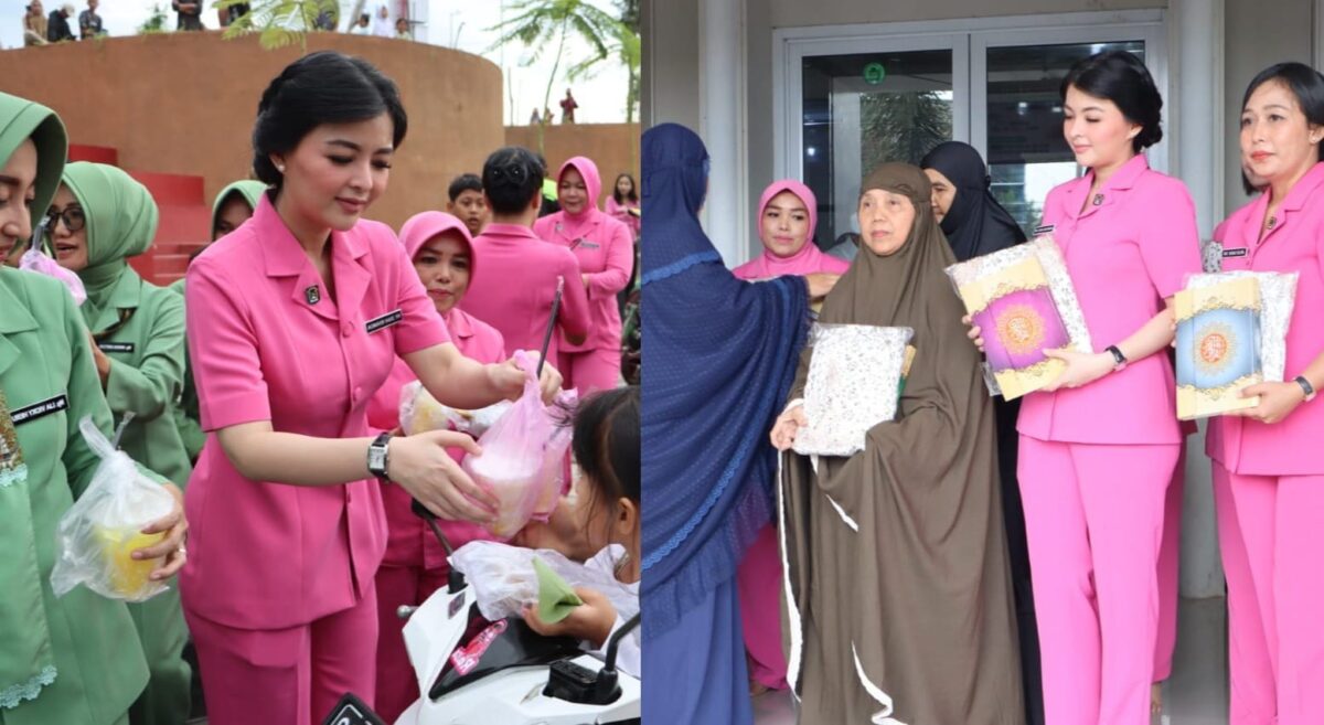 Kolase foto ketua PC Bhayangkari Tanggamus Diah Rivanda dan Ketua Persit Tanggamus Lia Vicky Heru saat menyerakan takjil serta disaat menyerahkan Alquran, Kamis 27 Maret 2025 | Herdi/Media Prioritastv.com.