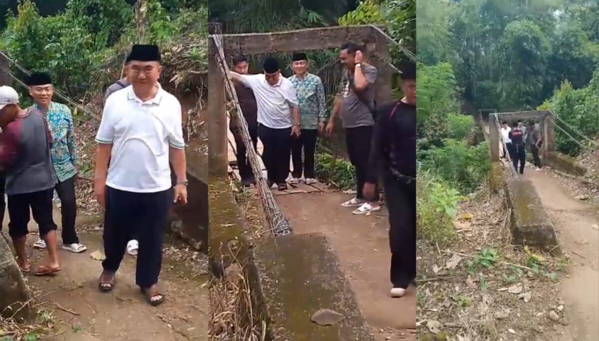 Kolase foto saat Bupati Tanggamus Moh. Saleh Asnawi mininjau jembatan penghubung Pekon Talang Sepuh Talang Padang - Pekon Pungkut Pugung bersama tim jalan lurus, Jumat 28 Maret 2025 | Dok. Istimewa.