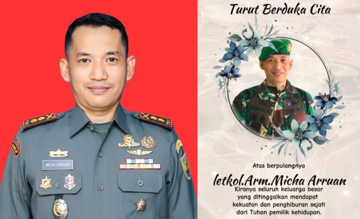 Kolase foto saat Letkol Arm Micha Arruan semasa hidup menjabat Dandim 0424 Tangamus tahun 2022 - 2023 dan flyer informasi duka yang diterima, Jumat 28 Maret 2025 | Herdi/Media Prioritastv.com.