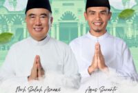 Bupati Tanggamus Moh. Saleh Asnawi dan Wakil Bupati Tanggamus Agus Suranto dalam flyer seruan Sholat Idul Fitri di Masjid Nurul Faidzin Islamic Center Kota Agung | Dok. Istimewa.