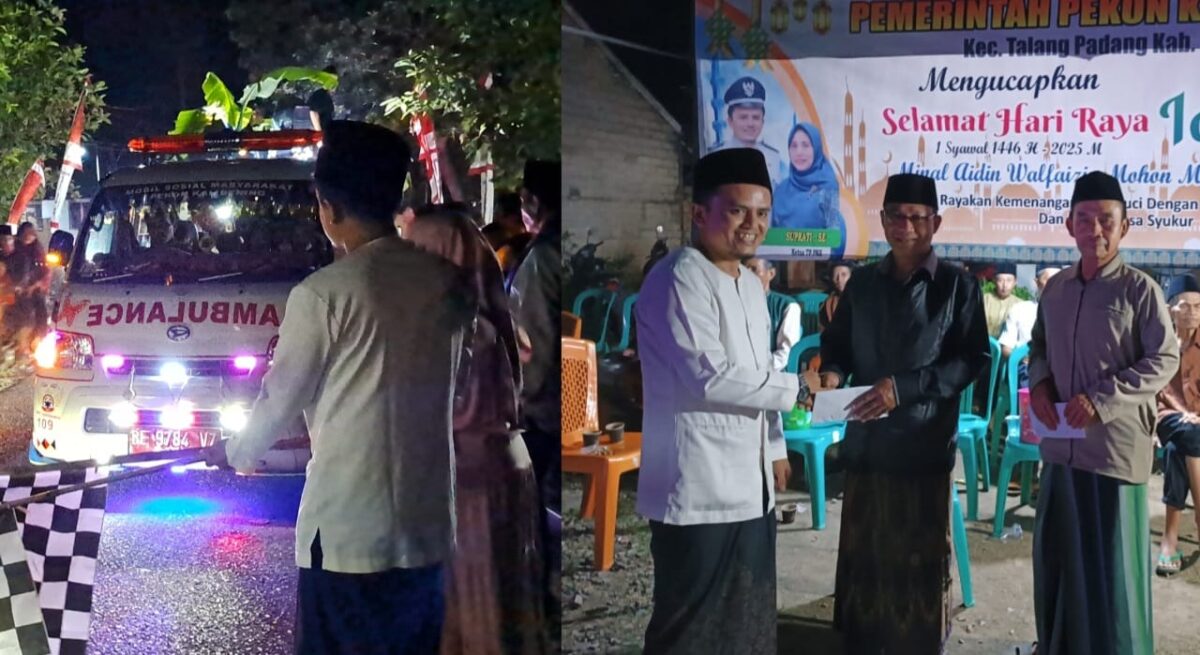 Kolase foto saat Kakon Kalibening, Eko Ari Wibowo melepas takbir keliling dan saat memberikan intensif kepada guru ngaji, pemandi jenazah dan kuncen makam,  Minggu 30 Maret 2025 | Asrul Ariski/Media Prioritastv.com.