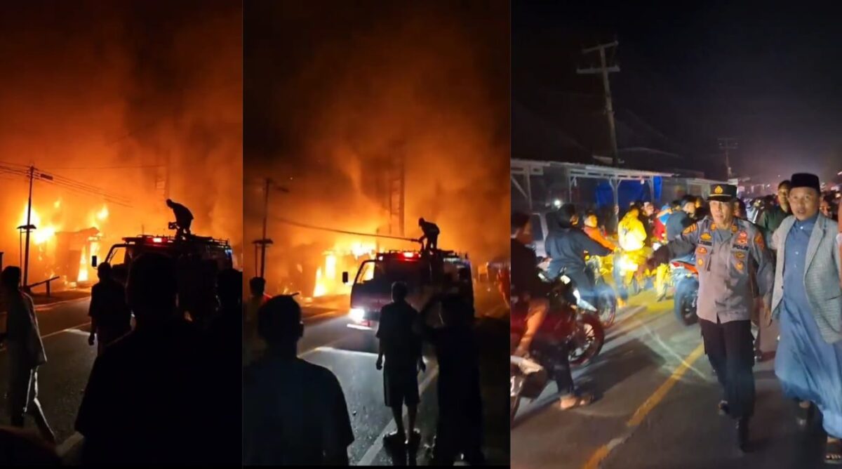 Kolase foto pemadam kebakaran saat berjibaku memadamkan api di Fajarbulan dan hadirnya Bupati Lampung Barat, Parosil Mabsus di lokasi, Minggu 30 Maret 2025 | Dok. Istimewa.