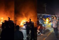 Kolase foto pemadam kebakaran saat berjibaku memadamkan api di Fajarbulan dan hadirnya Bupati Lampung Barat, Parosil Mabsus di lokasi,  Minggu 30 Maret 2025 | Dok. Istimewa.
