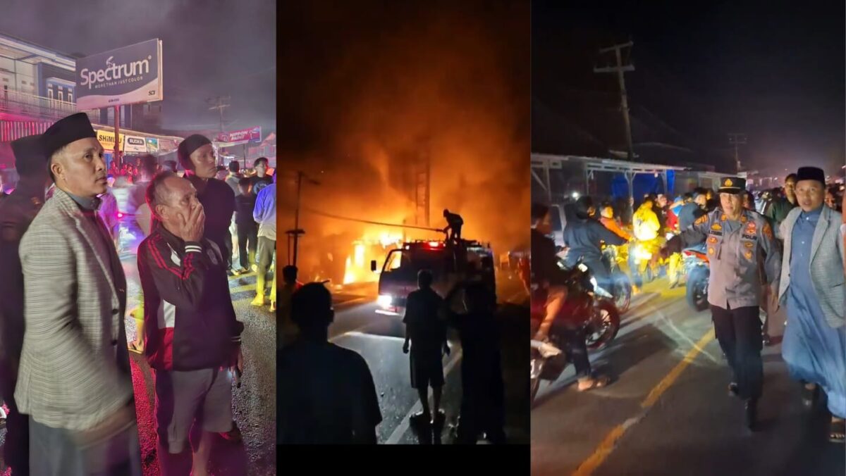 Kolase foto saat Bupati Lampung Barat tiba di lokasi  kebakaran dan saat petugas Damkar berjibaku memadamkan api, Minggu 30 Maret 2025, malam | Dok. Istimewa.