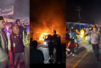 Kolase foto saat Bupati Lampung Barat tiba di lokasi  kebakaran dan saat petugas Damkar berjibaku memadamkan api, Minggu 30 Maret 2025, malam | Dok. Istimewa.