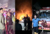 Kolase foto saat Bupati Lampung Barat Parosil Mabsus datangi TKP dan saat petugas Damkar berjibaku melakukan pemadaman serta setelah proses pendinginan kebakaran di Pajar Bulan, Lampung Barat, Minggu 30 Maret 2025, malam | Dok. Istimewa.