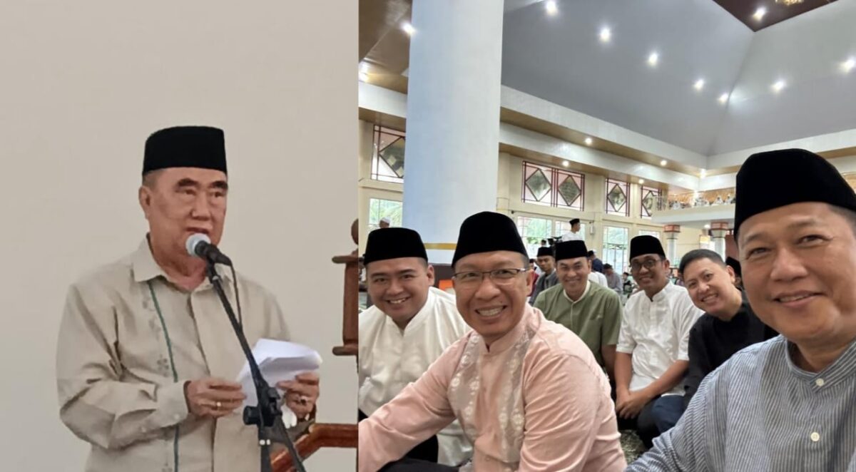 Kolase foto saat Bupati Tanggamus membacakan sambutan di Masjid Nurul Faidzin, Islamic Center Kota Agung dan para kepala OPD yang hadir dalam sholat Ied di masjid setempat, Senin 31 Maret 2025 | Herdi/Media Prioritastv.com.