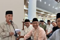 Kolase foto saat Bupati Tanggamus membacakan sambutan di Masjid Nurul Faidzin, Islamic Center Kota Agung dan para kepala OPD yang hadir dalam sholat Ied di masjid setempat, Senin 31 Maret 2025 | Herdi/Media Prioritastv.com.