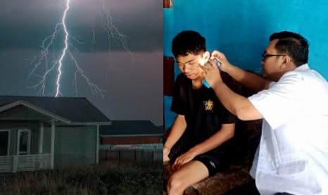 Kolase foto ilustrasi rumah disambar petir dan anak Sunardi, Soleh (17), seorang pelajar SMA, mengalami shock saat diperiksa tim medis, Sabtu 1 Maret 2025 | Erwin/Media Prioritastv.com.