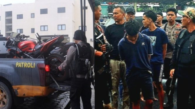 Kolase foto saat polisi menurunkan kendaraan curian dan saat menggiring keempat tersangka ke sel tahanan, Sabtu 1 Maret 2025 | Dok. Polres Lampung Selatan.