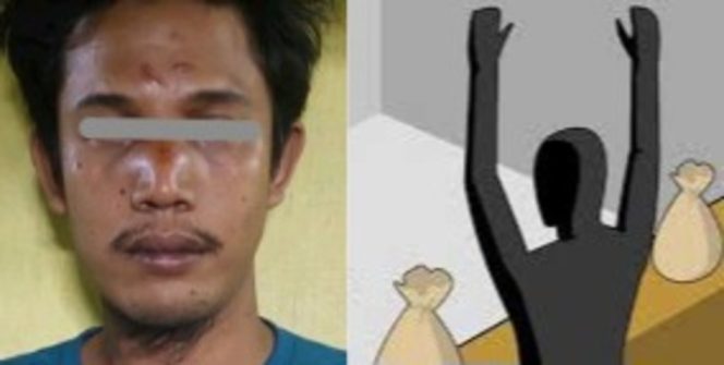 
 Kolase foto tersangka yang berhasil ditangkap dan ilustrasi perampokan BRI-Link di Lampung Tengah.