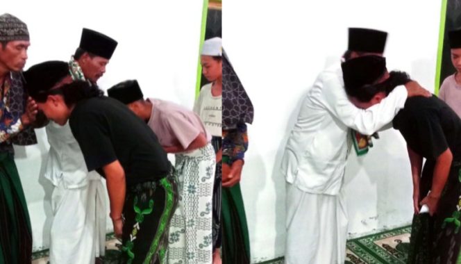 
					Kakon Sampang Turus Marhawi bersama tokoh agama saat menyerahkan tali asih di Masjid pekon setempat, Jumat 28 Maret 2025 | Dok. Pekon Sampang Turus.