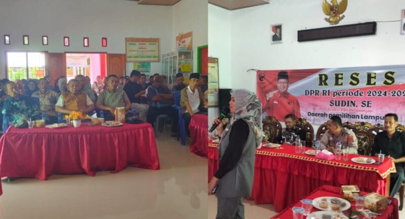 Kolase foto saat masyarakat menghadiri Reses Komisi III DPRI Sudin dan saat pemaparan BNNK yang dhadiri staf ahli DPR-RI Fraksi PDI-P di Balai Karang Rejo, Semaka, Tanggamus, Senin 7 April 2025, sore | Herdi/Media Prioritastv.com.