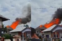 Kolase foto saat api berkobar dan asap membumbung tinggi dalam kebakaran di Pekon Gunung Sugih, Kecamatan Balik Bukit, Lampung Barat, Kamis 10 April 2025 | Dok. Istimewa.