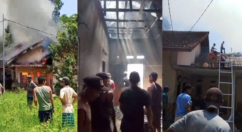 Kolase foto saat peristiwa kebakaran dan saat warga berusaha memadamkan api dengan alat seadanya, Rabu 9 April 2025 | Sungatno/Media Prioritastv.com.