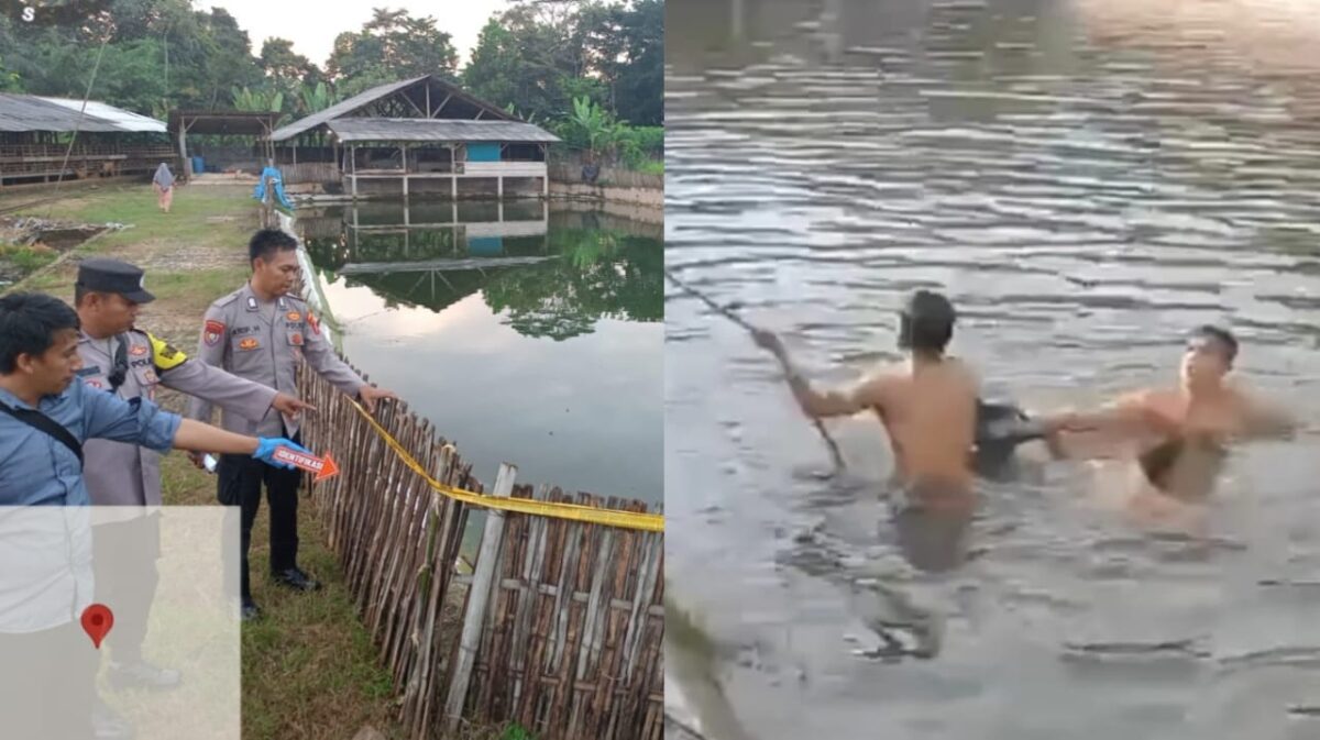 Kolase foto saat polisi melakukan identifikasi dan saat warga berusaha menyelamatkan kedua santri tenggelam di kolam ikan, Kamis 10 April 2025 | Dok. Istimewa.