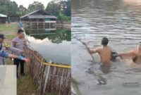 Kolase foto saat polisi melakukan identifikasi dan saat warga berusaha menyelamatkan kedua santri tenggelam di kolam ikan, Kamis 10 April 2025 | Dok. Istimewa.