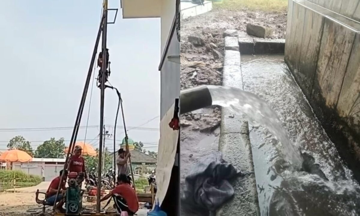 Kolase foto saat pengeboran di Pondok Pesantren Tarbiyatul Huda yang terletak di Dusun Kedungmundu, RT 01 RW 004, Desa Kutakarya, Kecamatan Kutawaluya, Kabupaten Karawang, Jawa Barat dan saat air telah mengalir, Jumat 11 April 2025 | Dede Rusdi/Media Prioritastv.com.