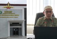 Kolase foto kantor pelayanan terpadu haji Kemenag Tanggamus dan saat Kasi PHU Hi. Nursaad memberikan keterangan pers, Jumat 11 April 2025 | Herdi/Media Prioritastv.com.