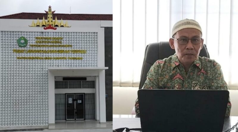 Kolase foto kantor pelayanan terpadu haji Kemenag Tanggamus dan saat Kasi PHU Hi. Nursaad memberikan keterangan pers, Jumat 11 April 2025 | Herdi/Media Prioritastv.com.