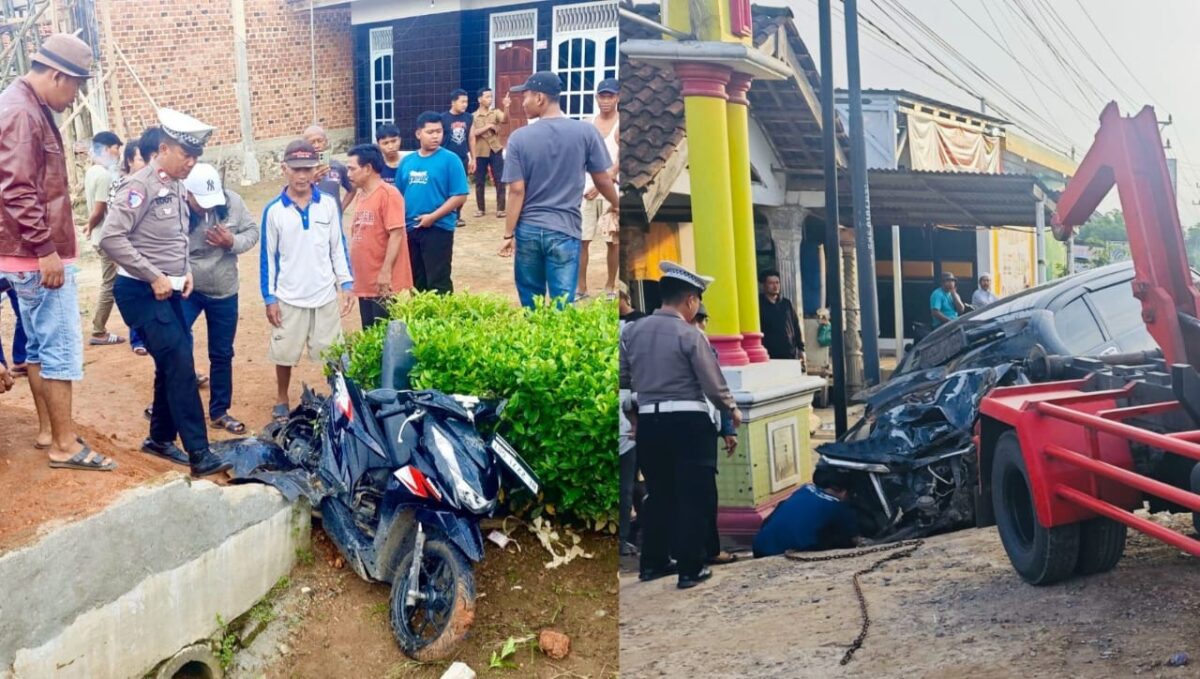 Kolase foto saat polisi melakukan evakuasi dua kendaraan yang terlibat dalam kecelakaan di Simpang Agung, Seputih Agung, Lampung Tengah, Jumat 11 April 2025 sore | Dok. Humas Polres Lampung Tengah.