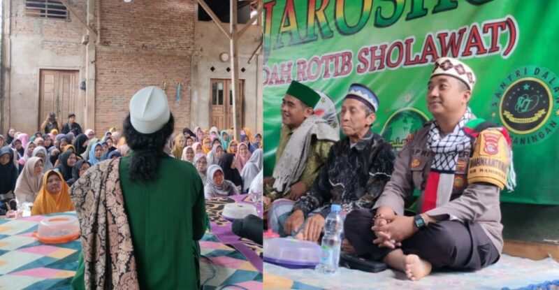 Kolase foto saat jamaah mendengarkan ceramah agama dalam pengajian pahingan dan kehadiran Bhabinkamtibmas Aipda Epri Mohansyah, Minggu 13 April 2025 | Dok. Humas Polres Tanggamus.