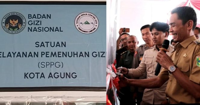 
 Kolase foto plang nama SPPg Kota Agung dan saat Wabup Tanggamus Agus Suranto meresmikan operasionalnya, Senin 14 April 2025 | Herdi/Media Prioritastv.com.