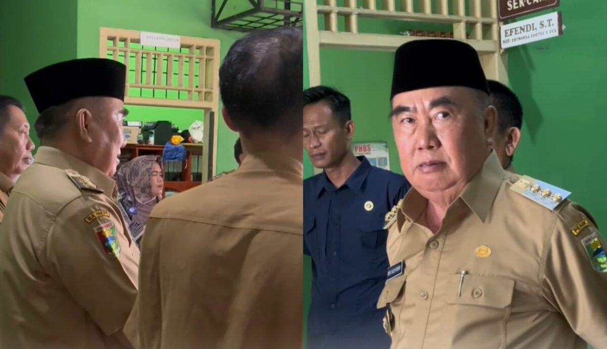 Kolase foto Bupati Tanggamus saat melampiaskan kemarahan dan expresi kemarahannya di Kantor Camat, Kota Agung Timur, Selasa 15 April 2025 | Dok. About Tanggamus.