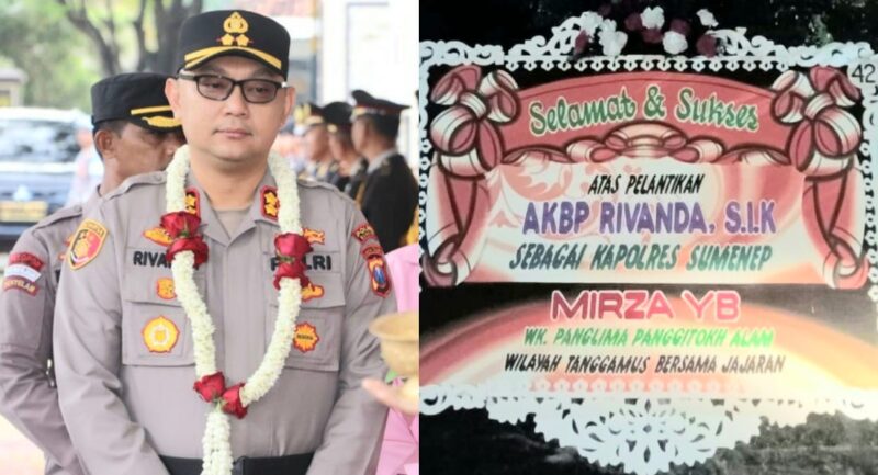 Kolase Foto Kapolres Sumenep Jawa Timur AKBP Rivanda saat pertama kali menginjakan kaki di Polres setempat dan papan bunga ucapan selamat dari Kerajaan Adat Paksi Pak Skala Brak Kepaksian Pernong Tanggamus | Dekki/Media Prioritastv.com.