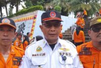 Kalak BPBD Tanggamus, Irvan Wahyudi saat memberikan keterangan pers usai simulasi siaga bencana di Komplek Pemkab setempat, Rabu 16 April 2025 | Herdi/Media Prioritastv.com.