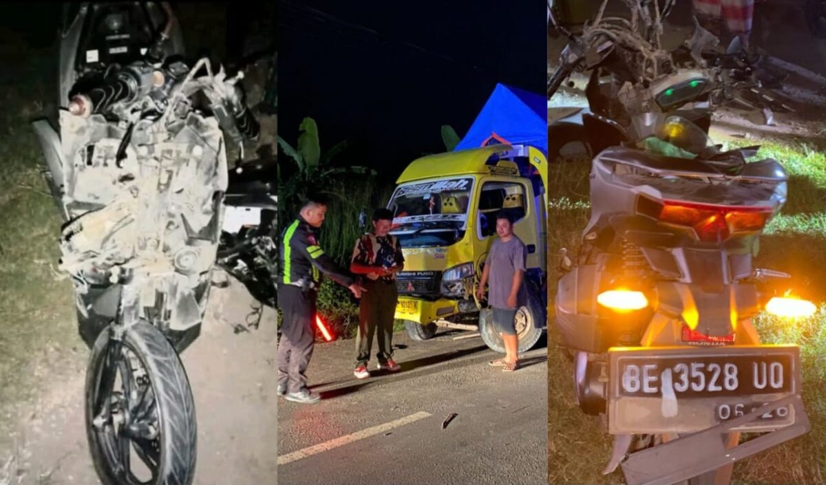 Kolase foto motor ringsek usai kejadian dan saat anggota Sat Lantas Polres Pringsewu melakukan oleh TKP Kecelakaan di Keputran, Sukoharjo, Pringsewu, Kamis 17 April 2025, malam | Dok. Istimewa.