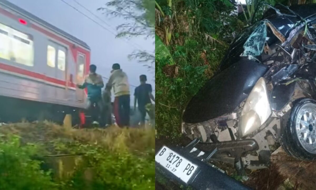 Kolase foto detik-detik KRL No. 1040 saat menabrak Grand Livina dan kondisi mobil yang ringsek usai ditabarak, Sabtu 19 April 2025 | Tangkapan Layar Video.