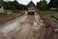 Kondisi jalan di Sri Way Langsep, Lampung Tengah, dalam kondisi memprihatinkan, Minggu 20 April 2025.