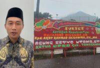 Kolase foto Ketua DPRD Tanggamus saat menyampaikan ucapan dan ucapan papan bunga yang dipasang di depan gerbang utama Mapolres Tanggamus, Senin 21 April 2025 | Herdi/Media Prioritastv.com.