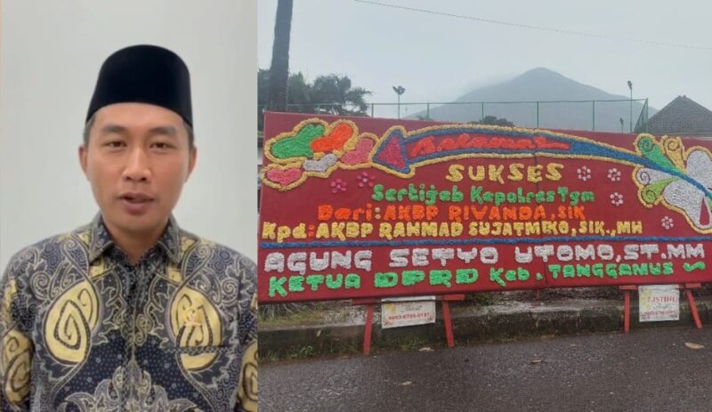 Kolase foto Ketua DPRD Tanggamus saat menyampaikan ucapan dan ucapan papan bunga yang dipasang di depan gerbang utama Mapolres Tanggamus, Senin 21 April 2025 | Herdi/Media Prioritastv.com.