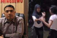 Kolase foto saat Plh Kasat Reskrim Polres Pringsewu Ipda Candra Himawah saat memberikan keterangan, Senin 21 April 2025 dan tangkapan layar video perudungan yang beredar di media sosial, Jumat 18 April 2025 | Davit/Media Prioritastv.com.