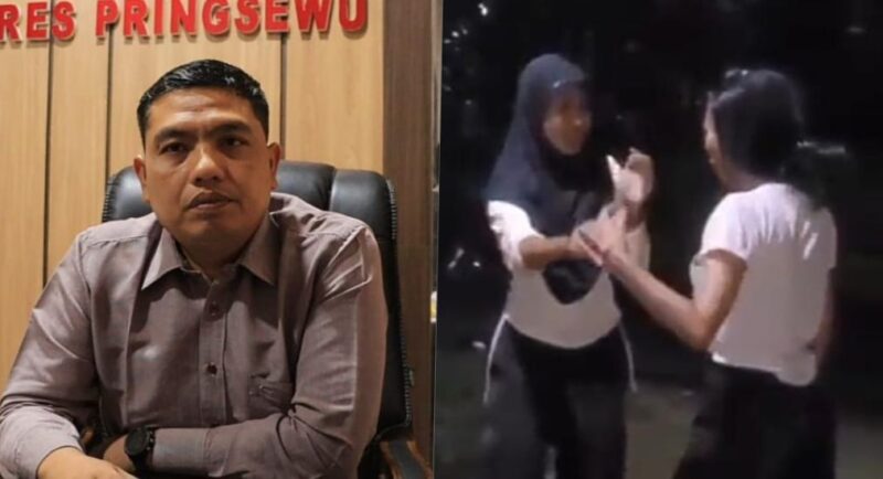 Kolase foto saat Plh Kasat Reskrim Polres Pringsewu Ipda Candra Himawah saat memberikan keterangan, Senin 21 April 2025 dan tangkapan layar video perudungan yang beredar di media sosial, Jumat 18 April 2025 | Davit/Media Prioritastv.com.