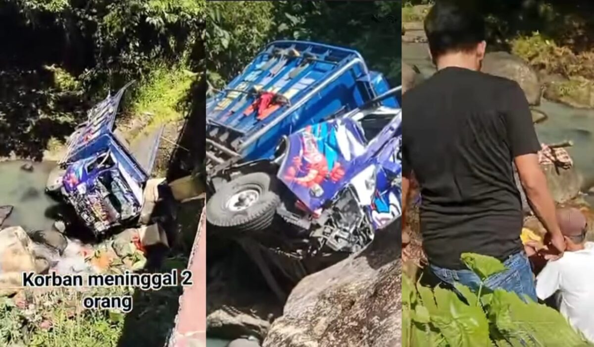 Kolase foto truk yang berada di sungai dalam kondisi ringsek dan saat warga sedang mengevakuasi korban, Selasa 22 April 2025 | Dok. Tangkapan Layar Video.
