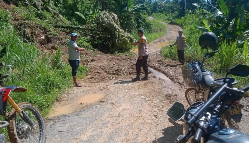 Anggota Polsek Limau saat melakukan pemeriksaan longsor di Dusun Curup Pantai, Pekon Paku, Kelumbayan, Tanggamus, Senin 28 April 2025 | Dok. Humas Polres Tanggamus.