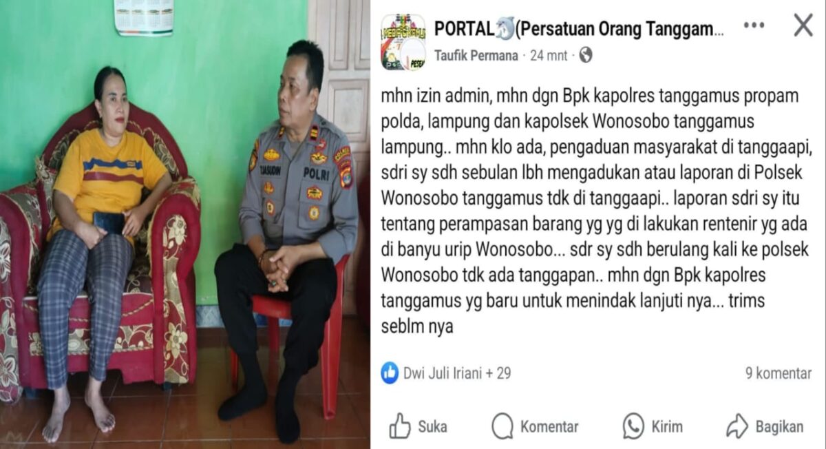 Kolase foto, Kapolsek Wonosobo Polres Tanggamus Iptu Tjasudin saat sambang ke rumah kediaman Suherni korban dugaan perampasan dan postingan akun diduga suami Suherni | Dok. Humas Polres Tanggamus.