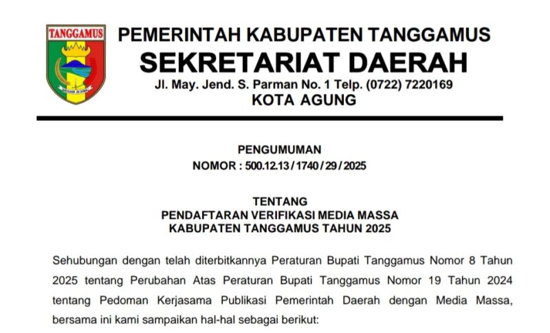 Surat Pengumuman Verifikasi Media Kabupaten Tanggamus 2025 | Dok. Pemkab Tanggamus.