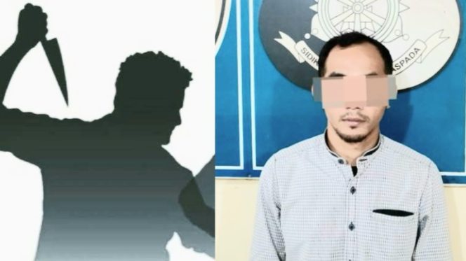 
 Kolase foto ilustrasi dan saat tersangka ditahan di Polsek Padang Ratu, Senin 14 April 2025 |