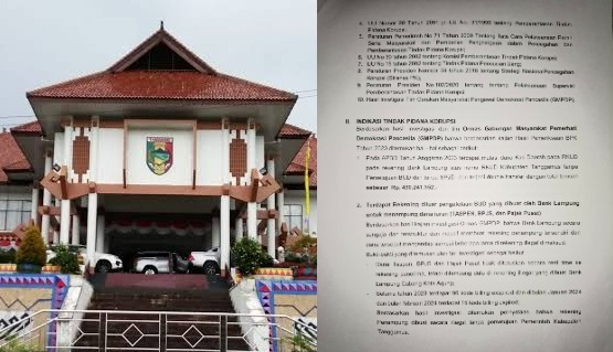 Kolase foto gedung Sekretariat Pemkab Tanggamus dan surat laporan GMPDP terkait dugaan korupsi BUD Tanggamus Tahun 2023 ke Kejati Lampung | Edi Hidayat/Media Prioritastv.com.