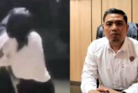 Kolase foto tangkapan layar saat korban dibenturkan ke tiang PLN dan Plh Kasat Reskrim Polres Pringsewu Ipda Candra Himawan saat memberikan keterangan pers, Minggu 20 April 2025 | 