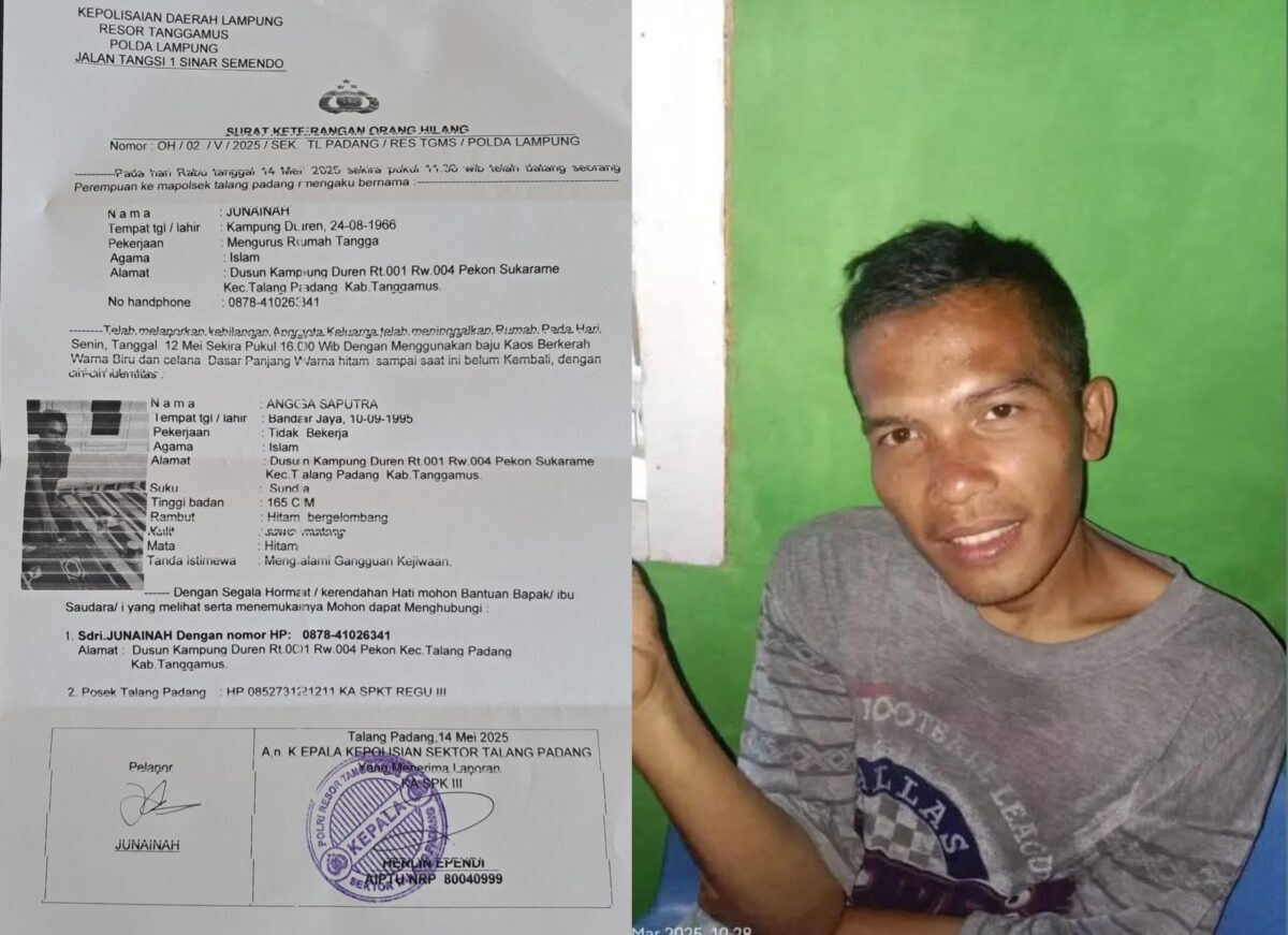 Kolase Foto Angga Saputra yang Dilaporkan Hilang dan Tanda Bukti Laporan di Polsek Talang Padang.