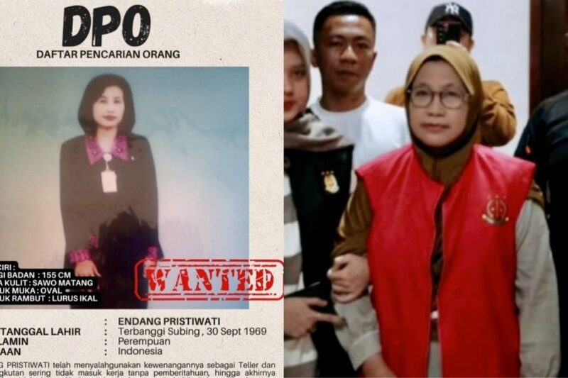 Kolase foto flyer DPO Endang Tersangka Korupsi 2 Miliar BRI Lampung Tengah dan saat ditangkap Kejari Lampung Tengah | 